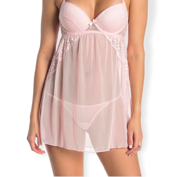 Scalloped Lace Babydoll & Thong 2-piece Set In Pink -Medium - Picture 2 of 9
